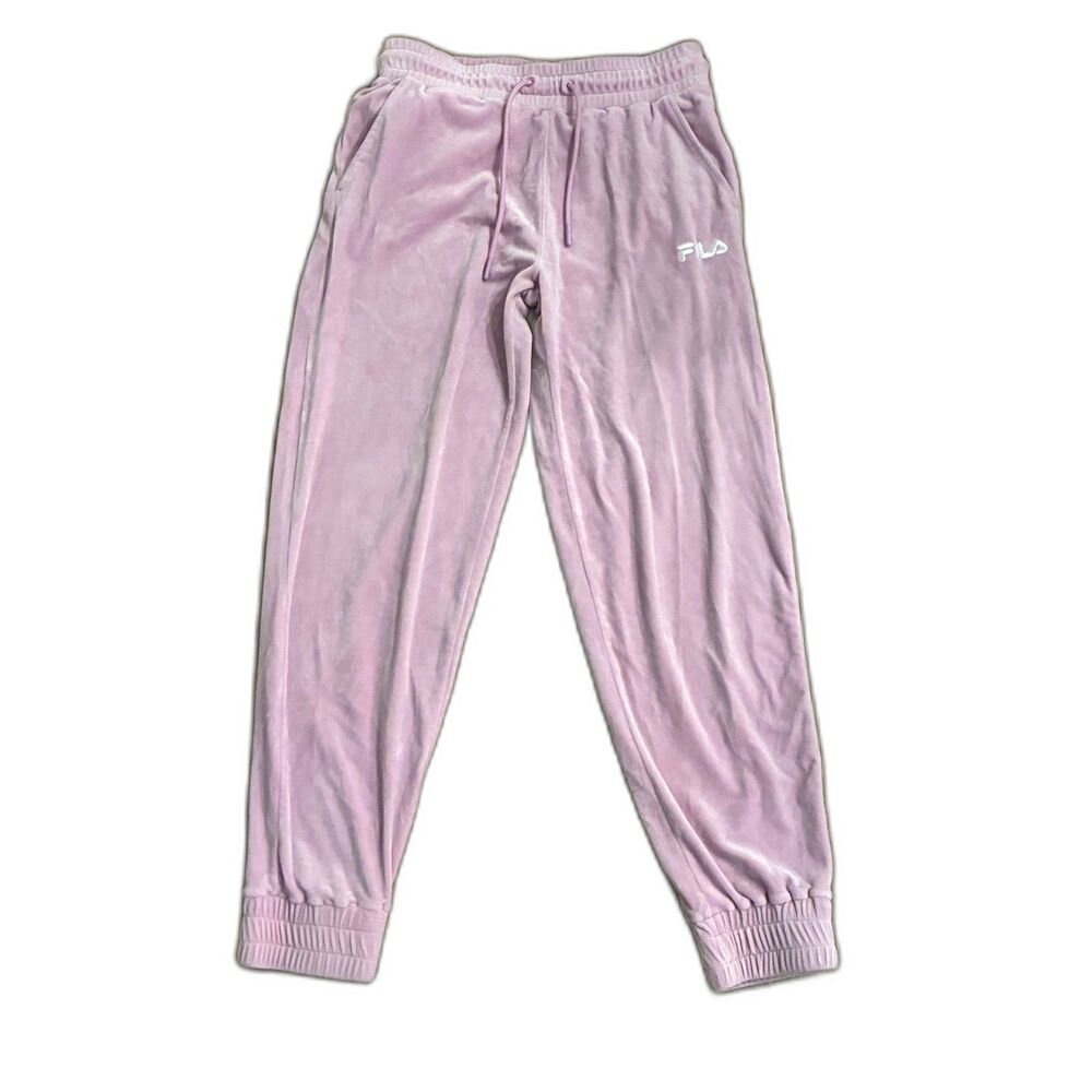 FILA Velour Joggers Pink Embroidered Logo Drawstring Track Pants Womens M Y2K